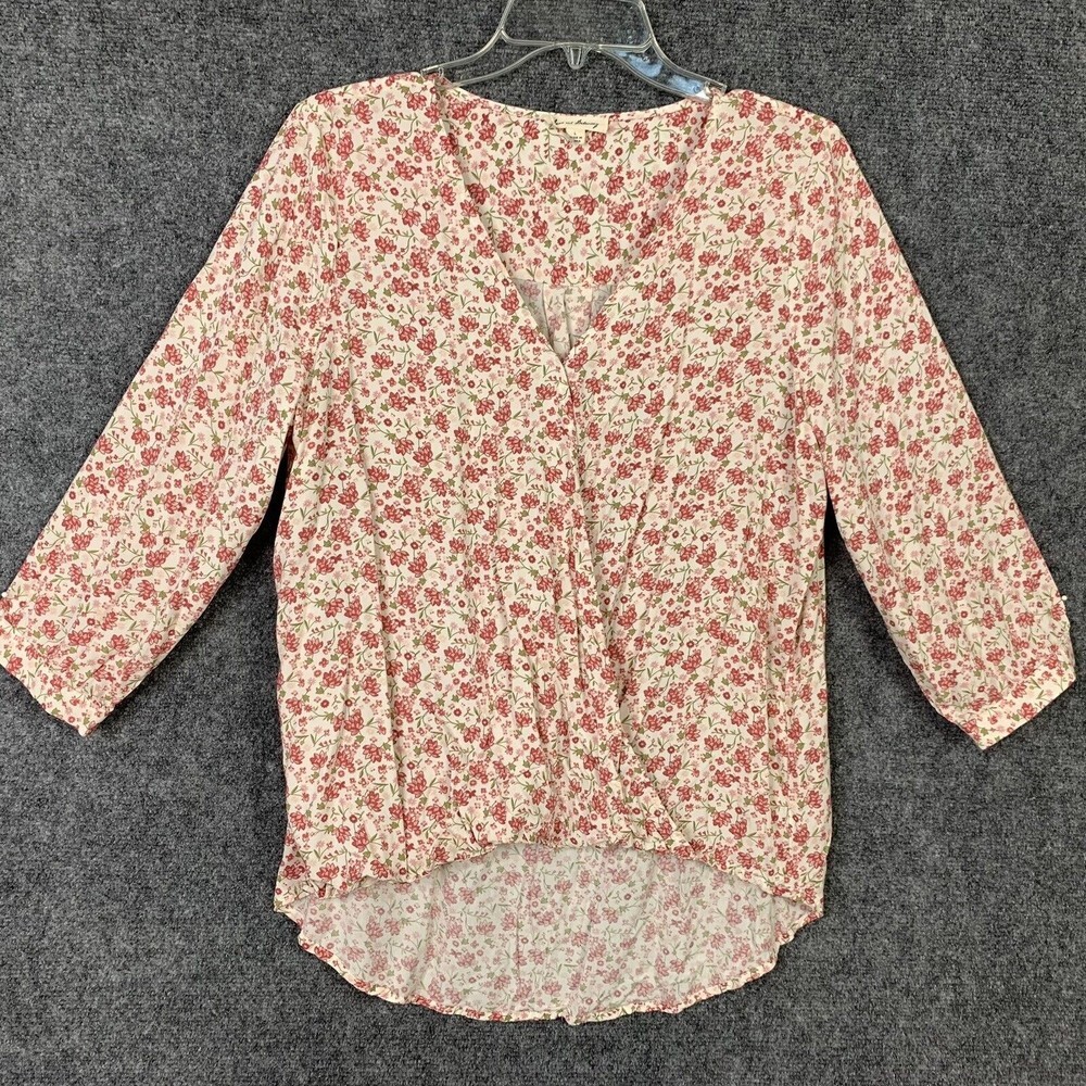 Jane & Delancey Pink Ditsy Floral Cross Front Top Women L 3/4 Sleeve Hi-low Hem